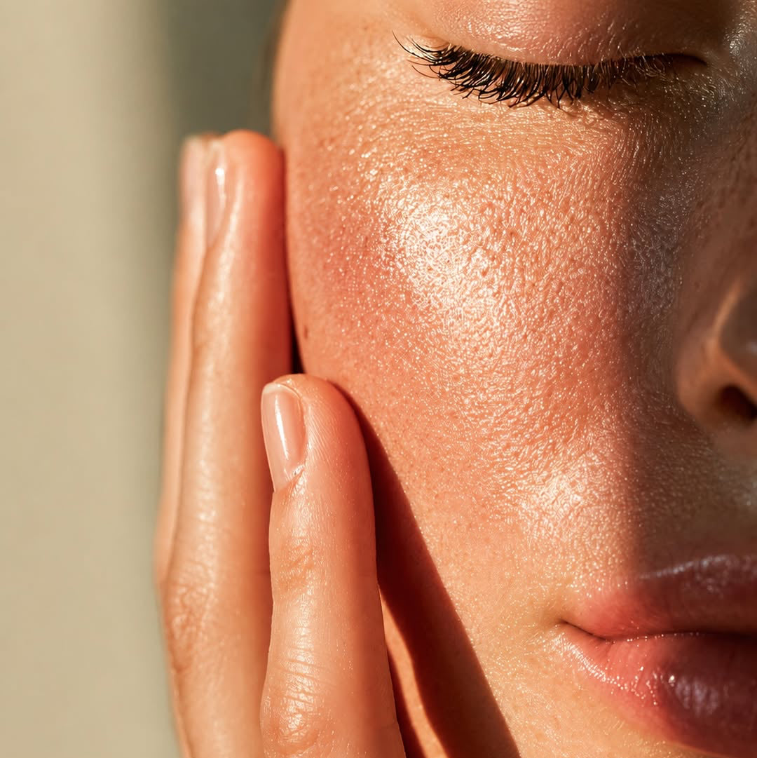 Close-up of a person's face and hand under warm sunlight, showing a glowing, hydrated complexion with closed eyes and a soft neutral background.