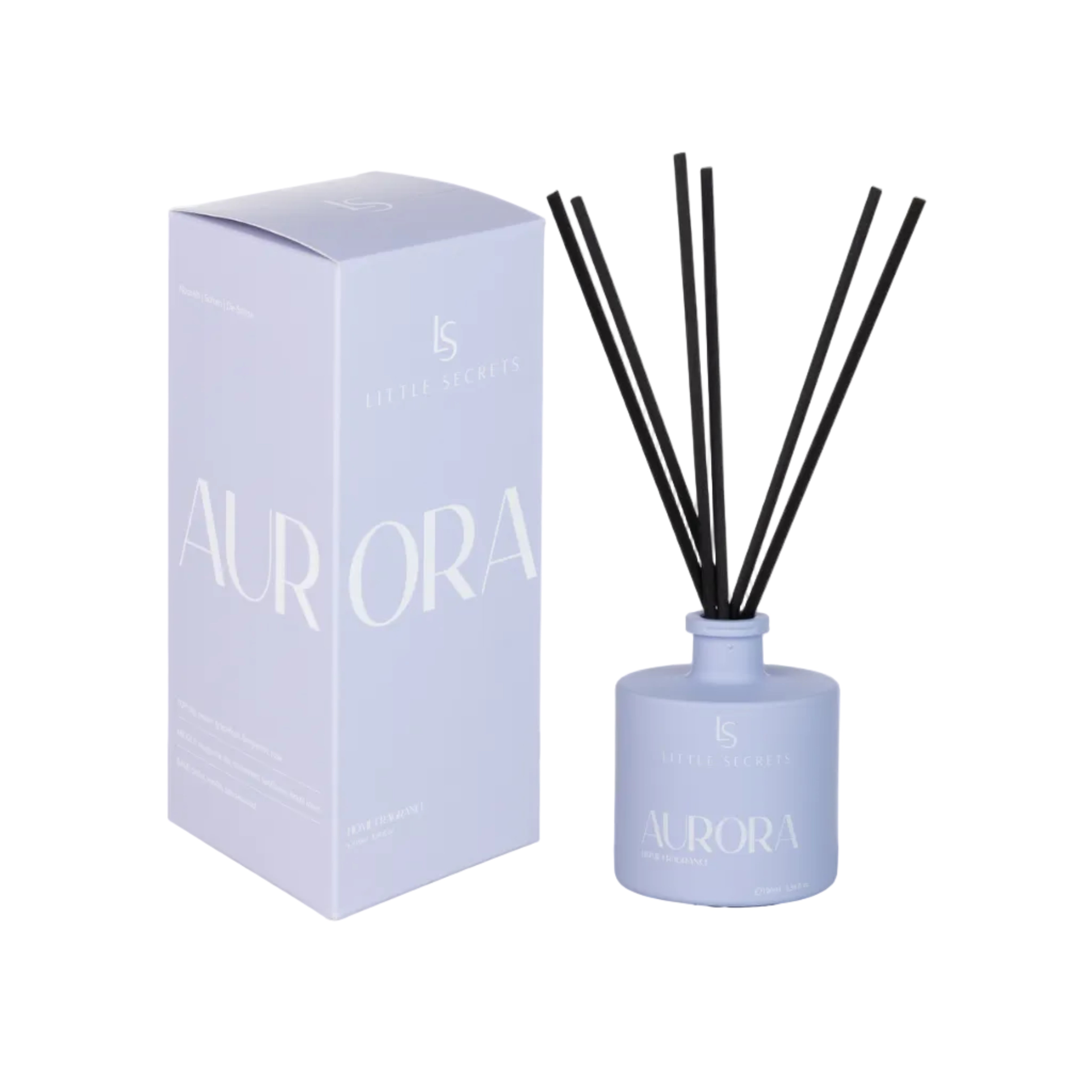 A Little Secrets Aurora reed diffuser set, featuring a light lavender glass bottle with black reeds and its matching lavender packaging box on a white background.
