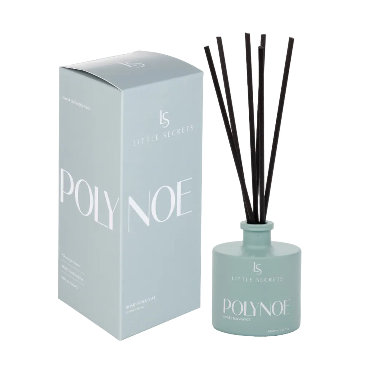 Little Secrets Polynoe reed diffuser with a mint green glass bottle, black reeds, and its matching light blue-gray packaging box on a white background.