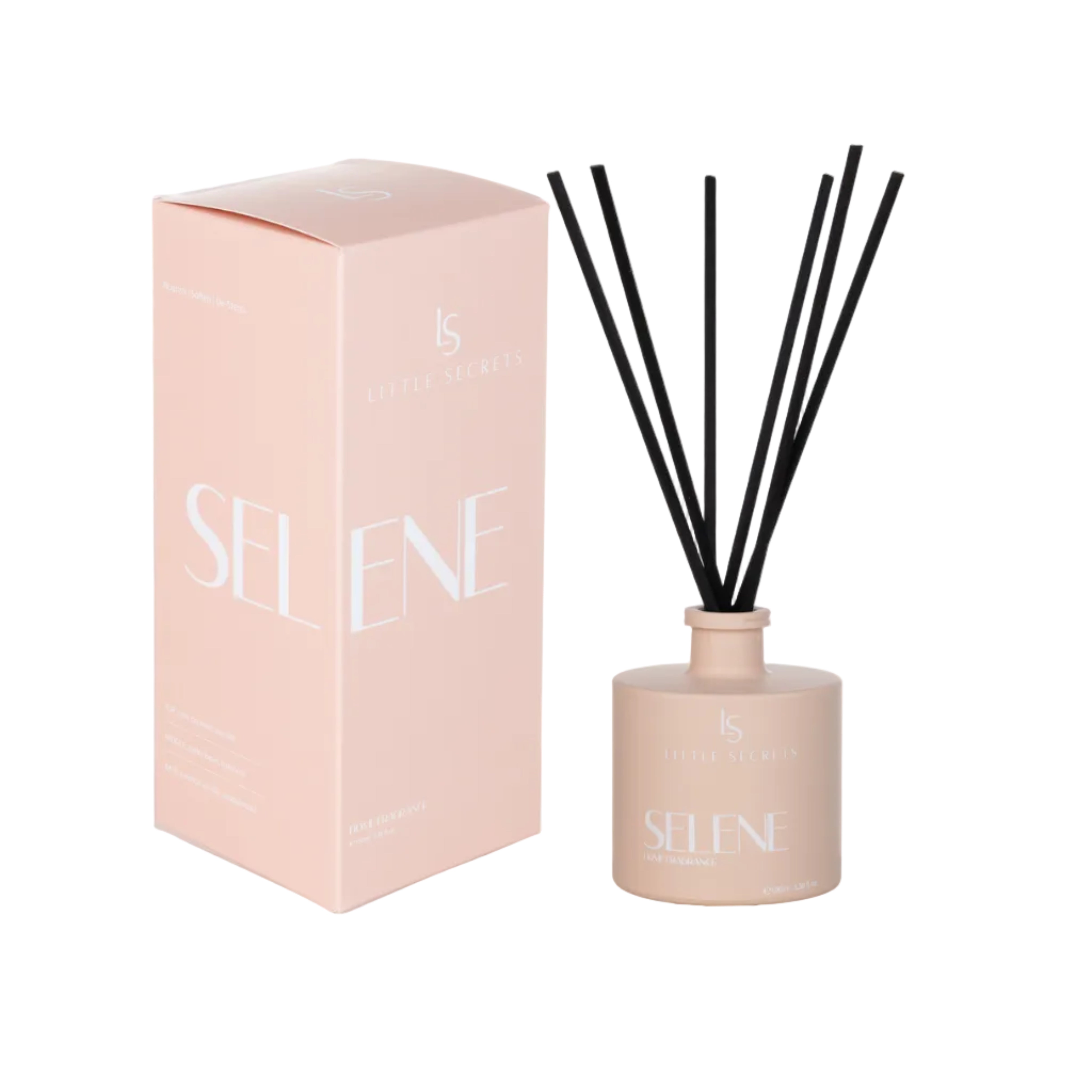 A reed diffuser bottle with black reeds next to its light pink packaging box, both featuring the brand name 'Little Secrets' and the product name 'Selenic'.