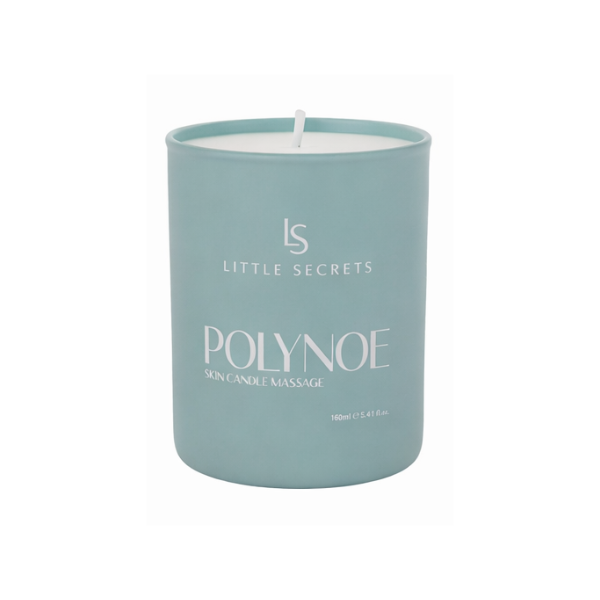 A light blue-green soy wax candle in a matte cylindrical glass jar with a white wick. The front of the jar features white printed text reading 'LS LITTLE SECRETS POLYNOE SKIN CANDLE MASSAGE'.