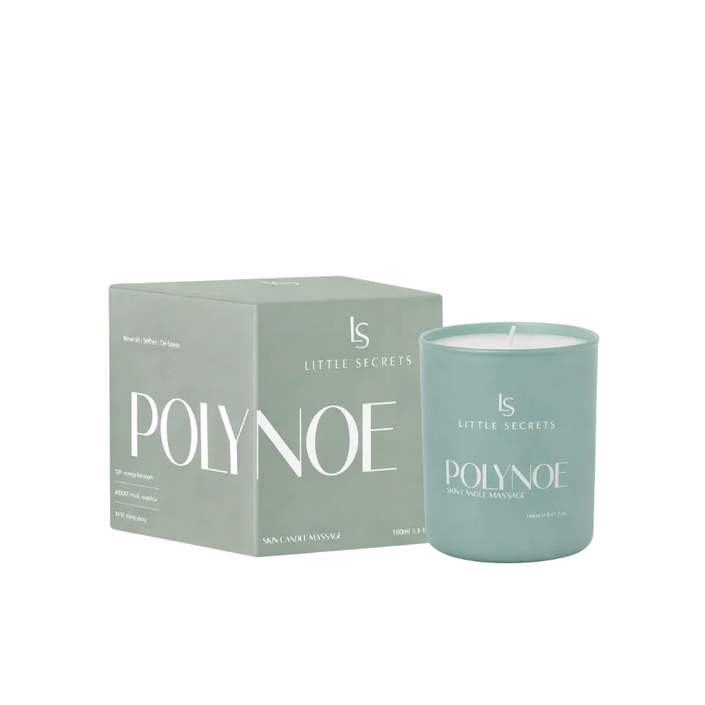 A POLYNOE by Little Secrets soy candle in a sage green glass jar next to its matching sage green packaging box, on a clean white background.