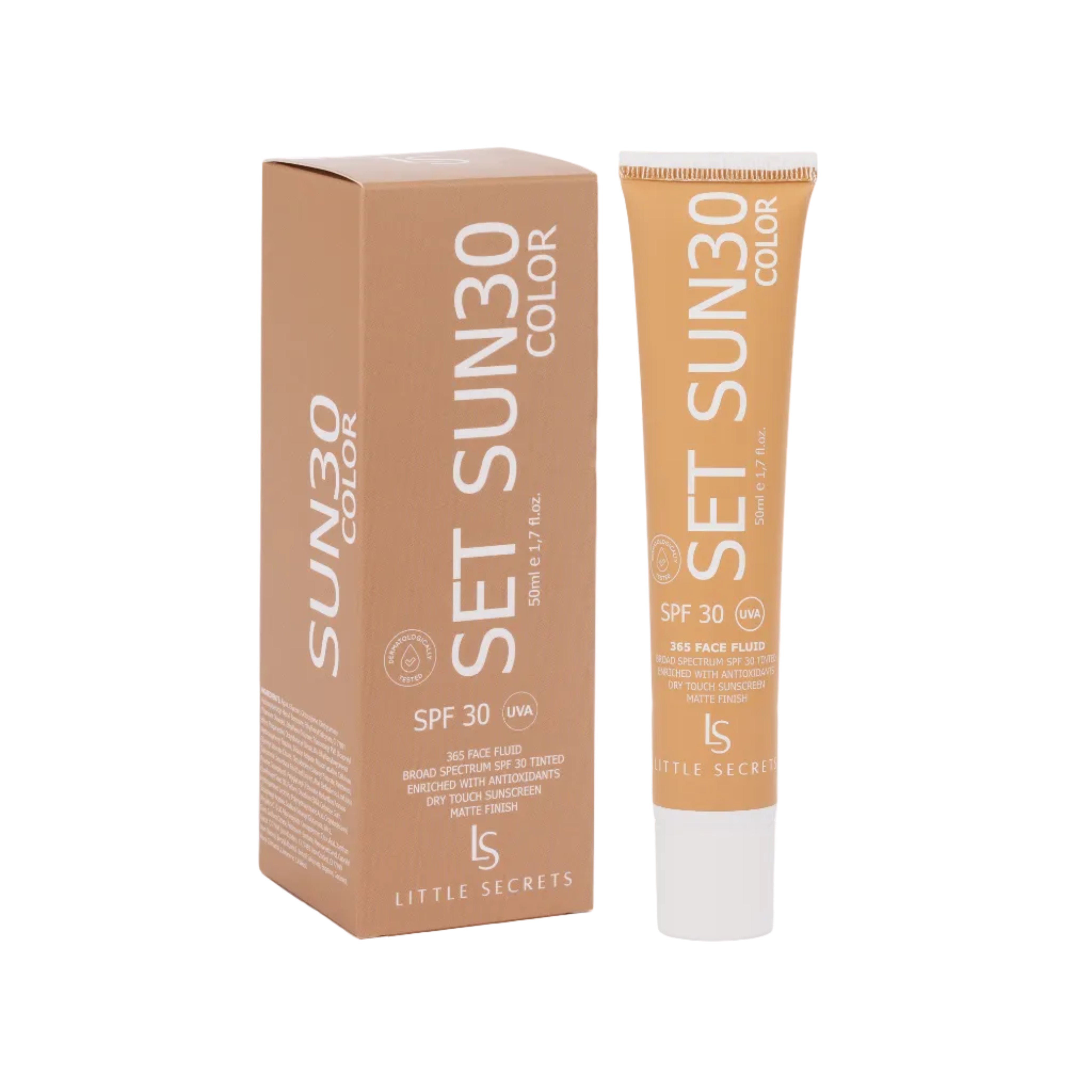 Little Secrets Set Sun30 Color SPF 30 Face Fluid sunscreen shown in a peach-colored squeeze tube next to its matching cardboard packaging box on a white background.