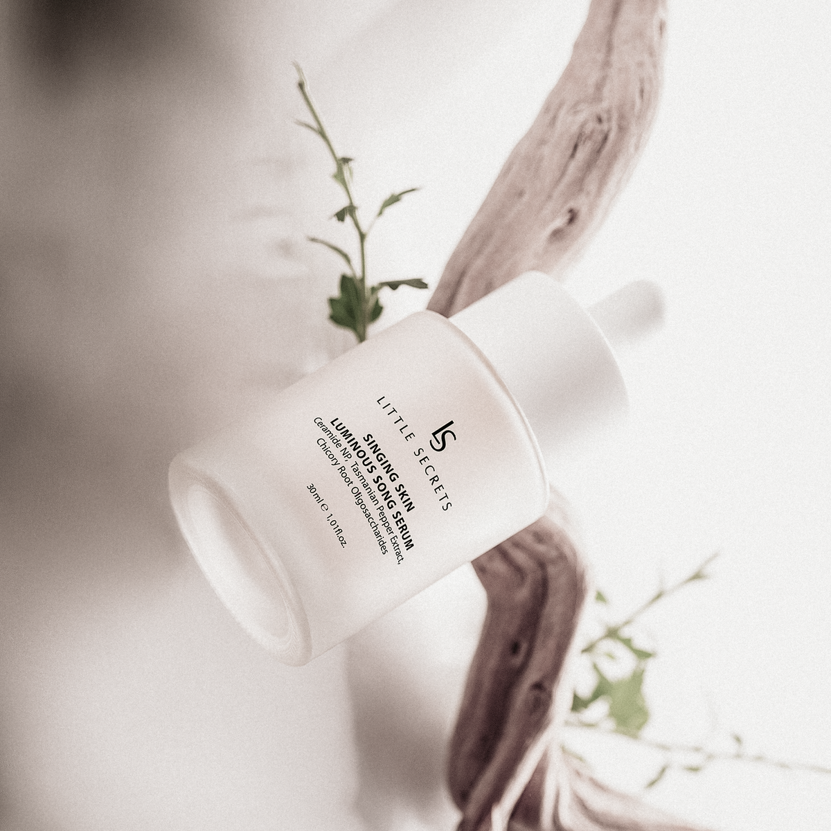 A white bottle of Little Scenic Beauty hair oil with a dropper cap, resting on a piece of driftwood with small green leaves against a bright, soft-focus background.