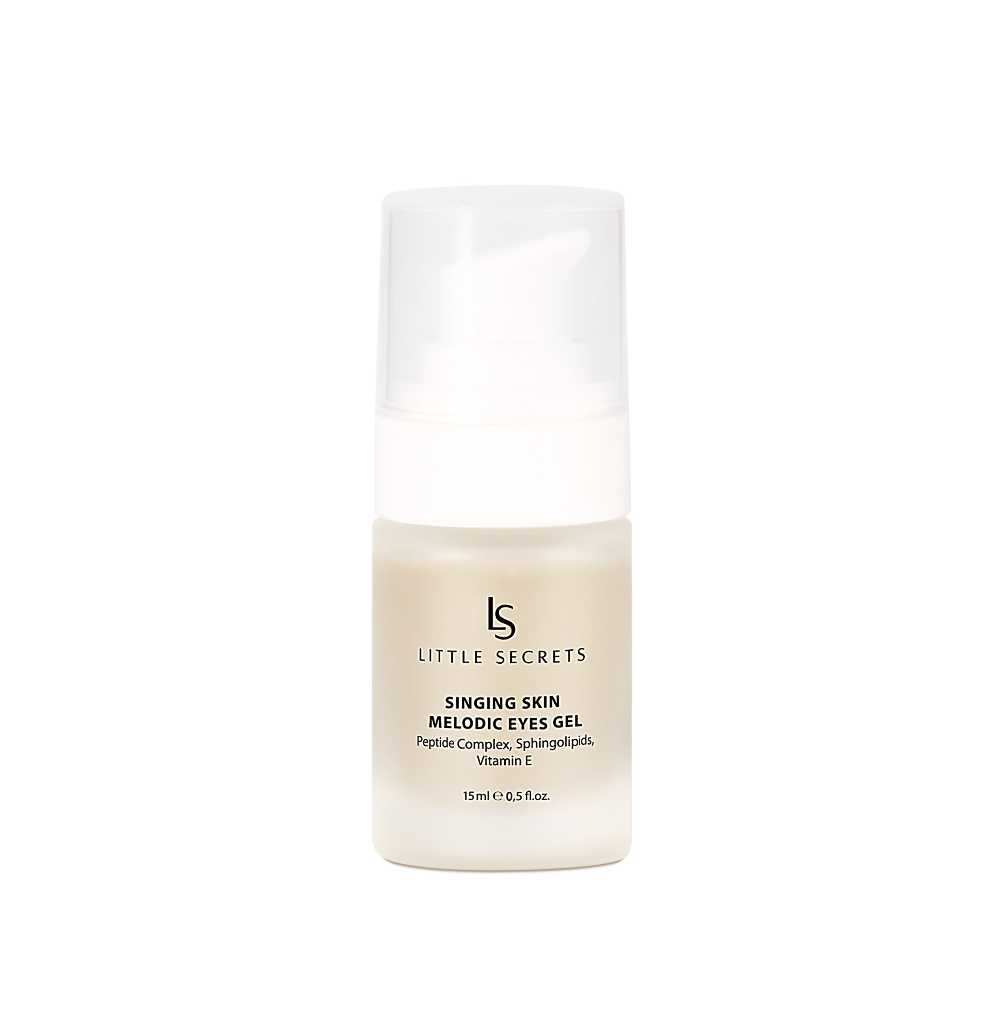 A bottle of Little Secrets Singing Skin Melodic Eyes Gel on a solid white background.