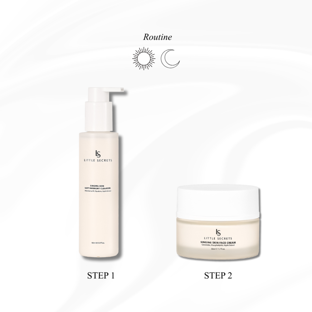 Two Little Secrets skincare bottles and jars arranged on a white background with the words Routine, sun, and moon above and Step 1 and Step 2 below. The left container is a tall pump bottle labeled Cleansing Face Cleanser, and the right container is a round jar labeled Soothing Skin Care Cream.
