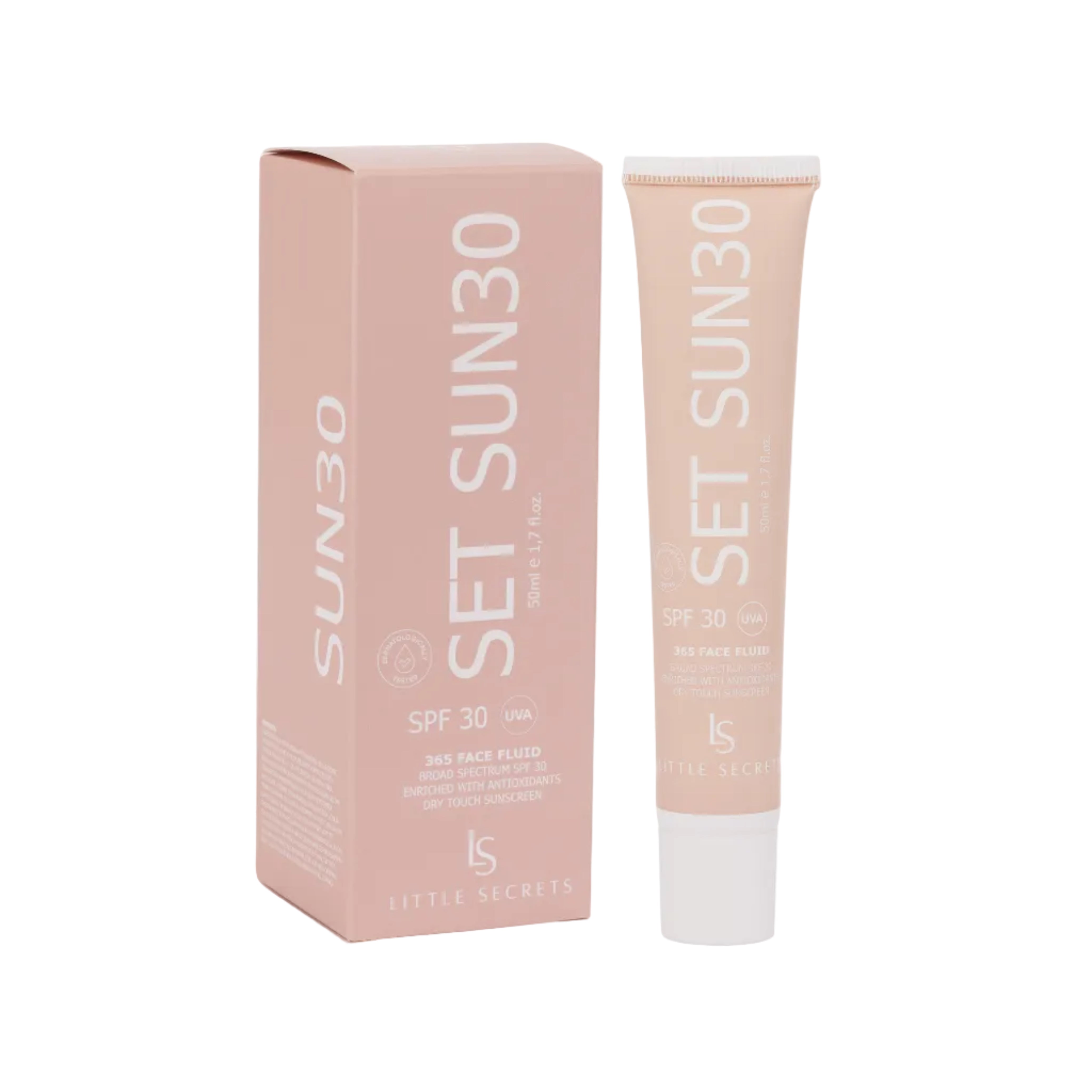 Little Secrets Set Sun30 SPF 30 Face Filled sunscreen shown with its pink packaging box and a matching squeeze tube of the face fill cream, alongside a silver seal badge on a white background.