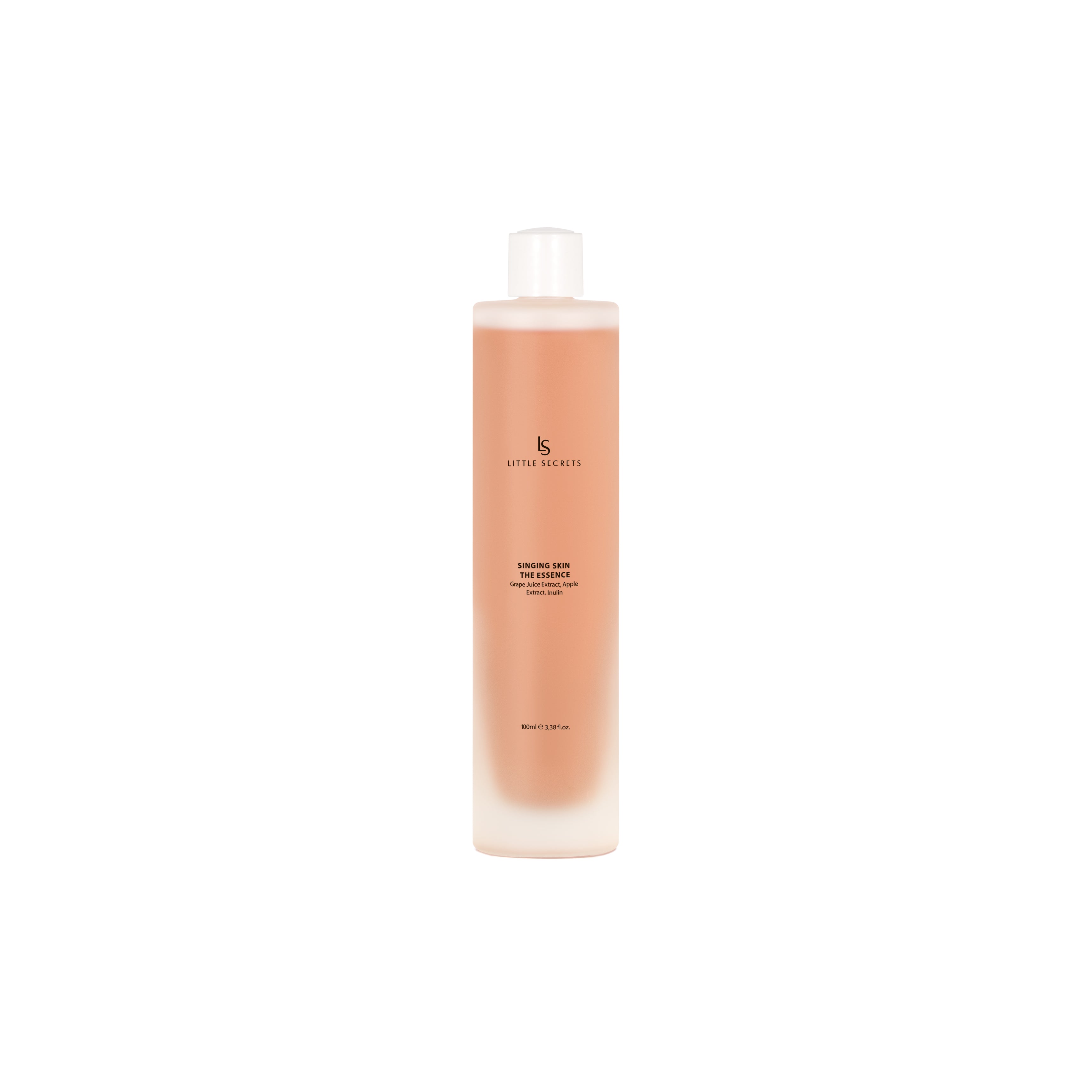 A tall, frosted glass bottle of Little Snails Shimmer Glow Toner with a white cap, centered on a solid white background.