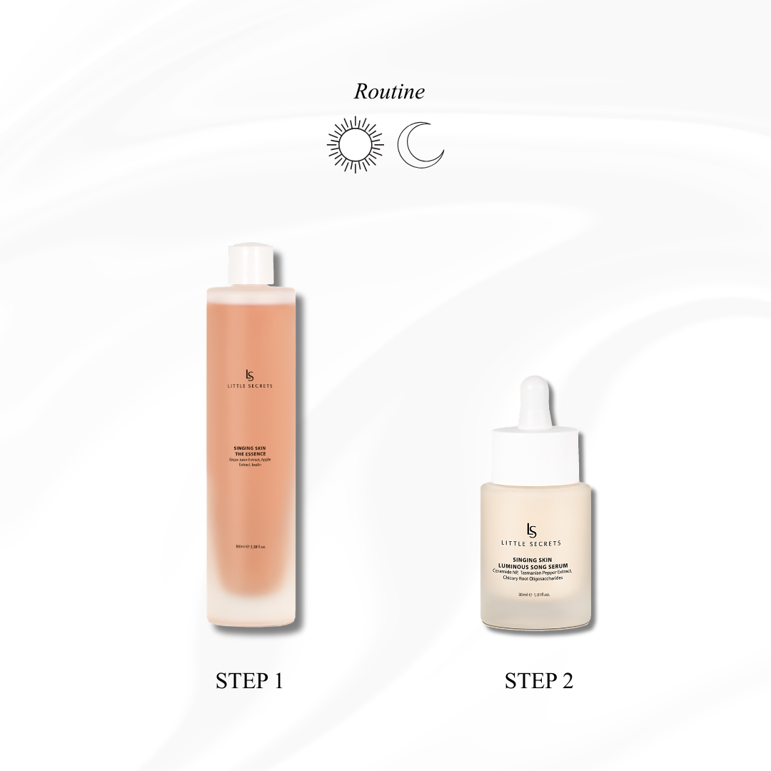 Two skincare bottles from Little Secrets on a white background with decorative sun and moon icons and the word Routine. The left bottle is a frosted peach-toned serum bottle labeled Step 1, and the right bottle is a frosted pale yellow serum bottle labeled Step 2.