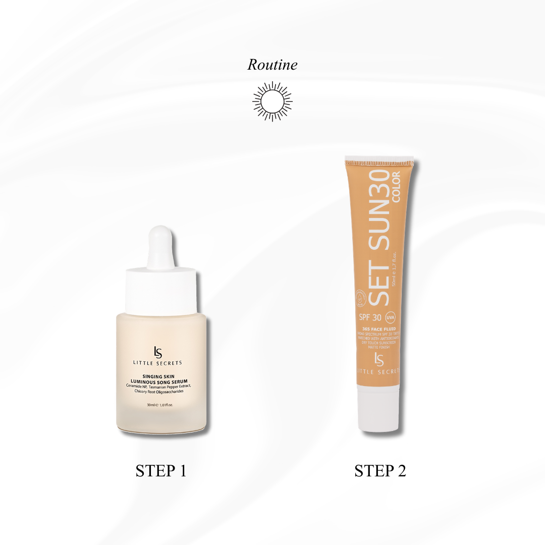 Two skincare bottles from Little Secrets on a white background with decorative sun and moon icons and the word Routine. The left bottle is a frosted peach-toned serum bottle labeled Step 1, and the right bottle is a frosted pale yellow serum bottle labeled Step 2.