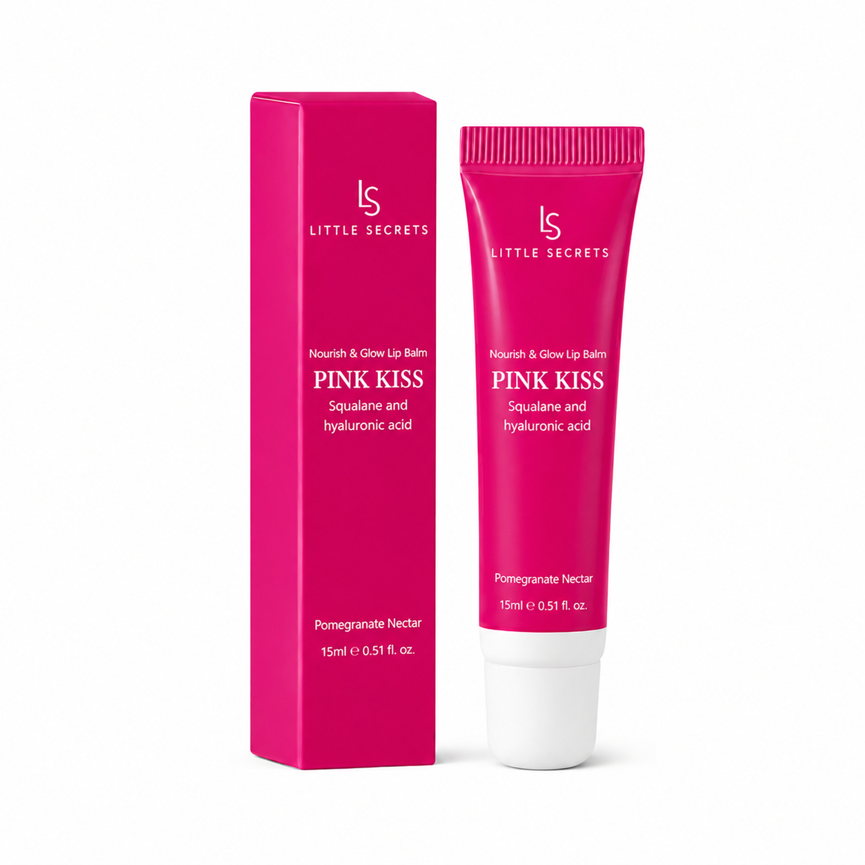 Little Secrets PINK KISS Squalene and Hyaluronic Acid nourish and glow lip balm, shown in a bright pink squeeze tube with a white cap next to its matching pink rectangular box on a white background.