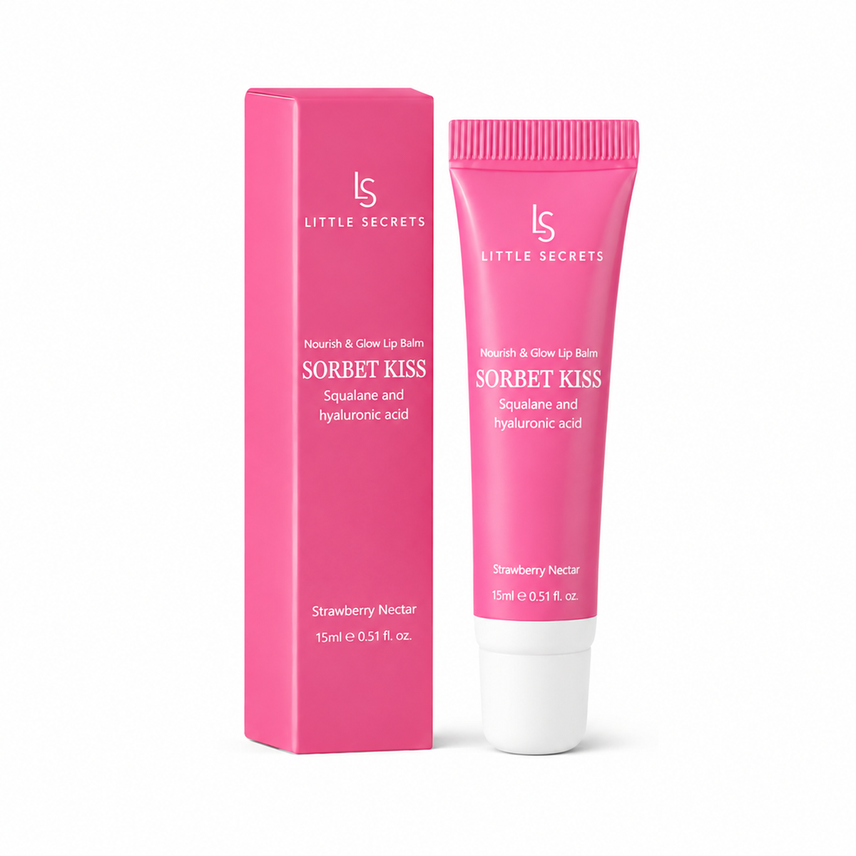 Little Secrets Sorbet Kiss Squalande and hyaluronic acid nourish and glow lip balm in Strawberry Nectar, shown as a pink squeeze tube next to its matching pink rectangular box on a white background.